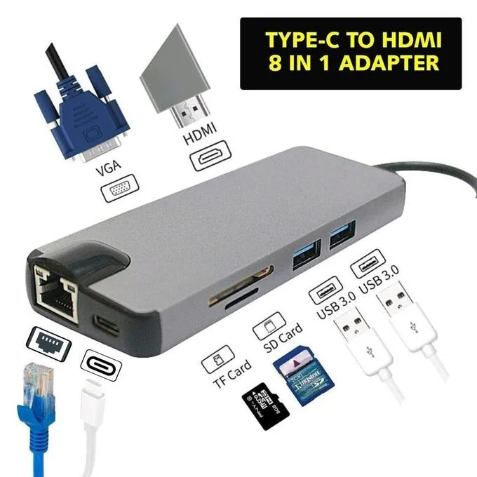 Type-C to HDTV 8-in-1 Adapter - 4K HDMI, PD, 2x USB, SD/TF, RJ45 - 100W