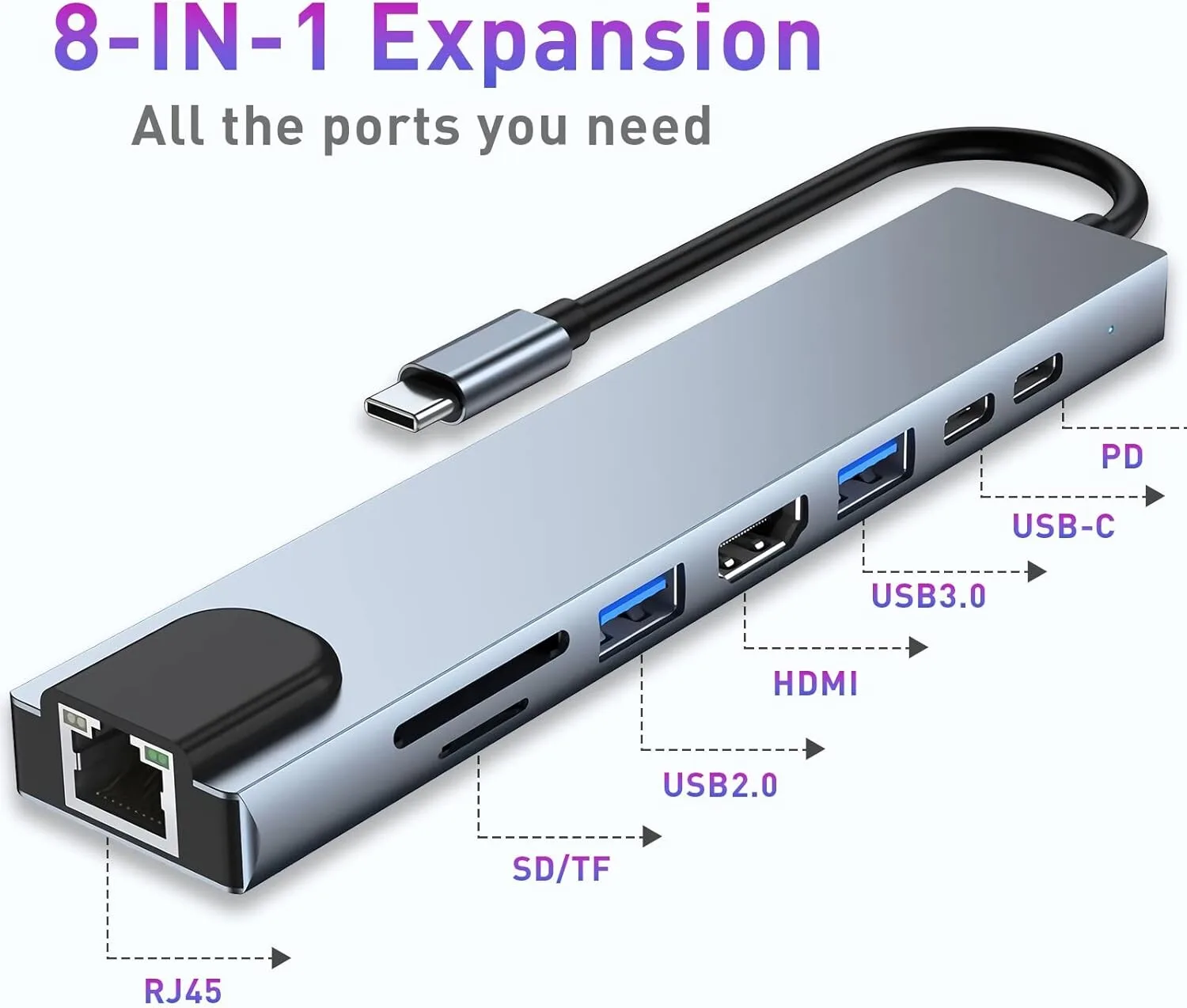 Type-C to HDTV 8-in-1 Adapter - 4K HDMI, PD, 2x USB, SD/TF, RJ45 - 87W