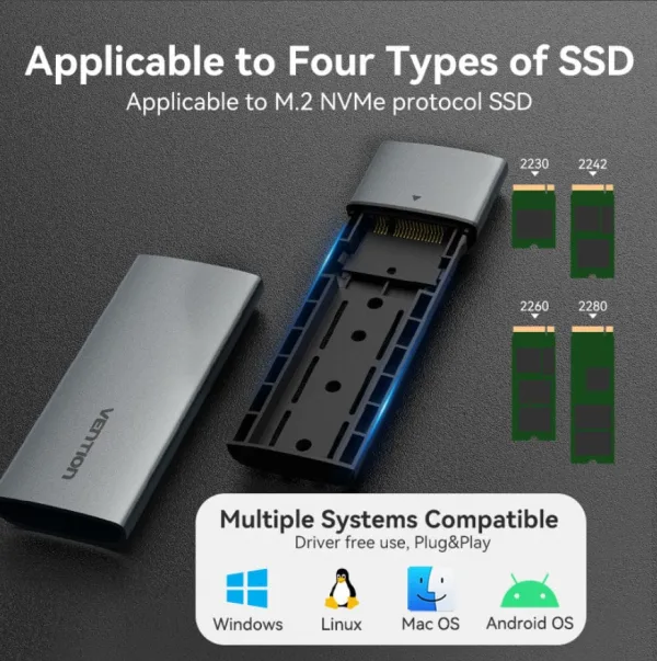 Vention M.2 NVMe SSD Enclosure - USB 3.1 Gen2 Type-C, Gray, up to 2TB Supported view 2