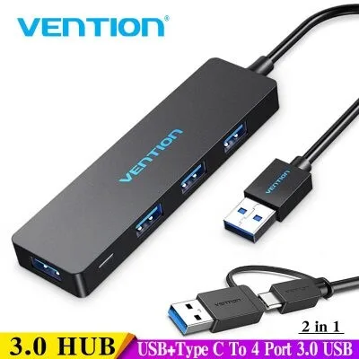 Vention Type-C to 4-Port USB 3.0 Hub with Power Supply - 0.15m, Black